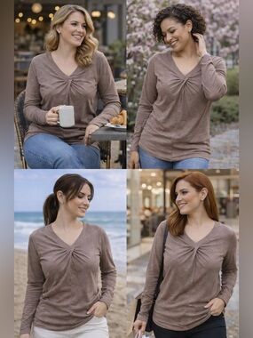 Brown Long Sleeve V-Neck Top